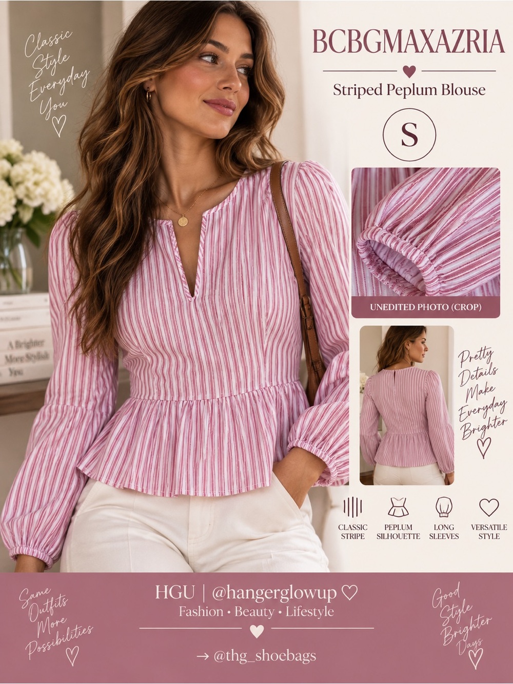 BCBGMAXAZRIA Pink White Striped Cotton Peplum Blouse NWT S